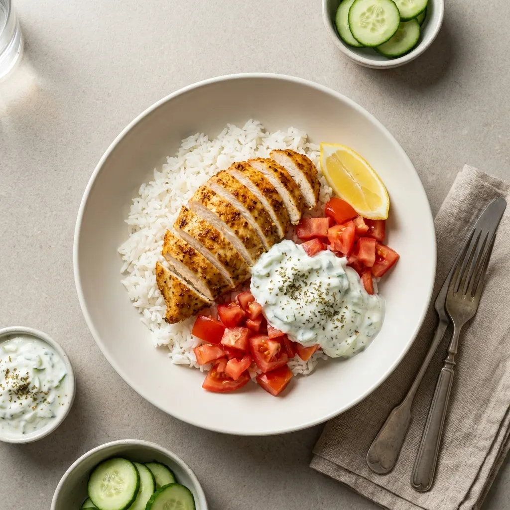 Κοτόπουλο στο air fryer με ρύζι και σπιτικό τζατζίκι