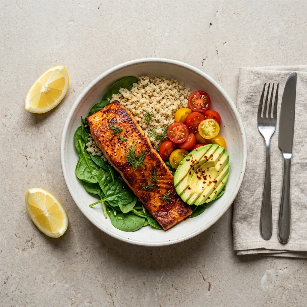 Σολομός στο air fryer με κινόα, αβοκάντο και σπανάκι